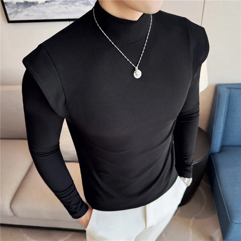 Turtleneck Fake-2Pieces Solid T-Shirt