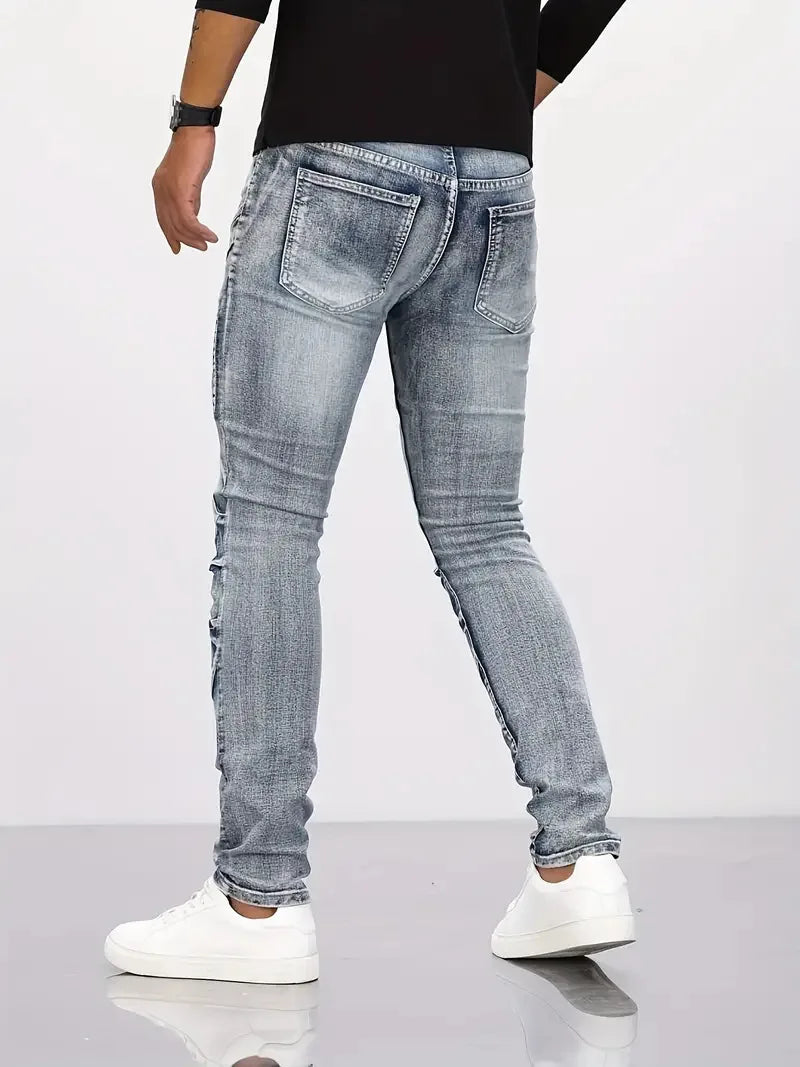 Two-Tone Distressed Slim Straight Jeans
