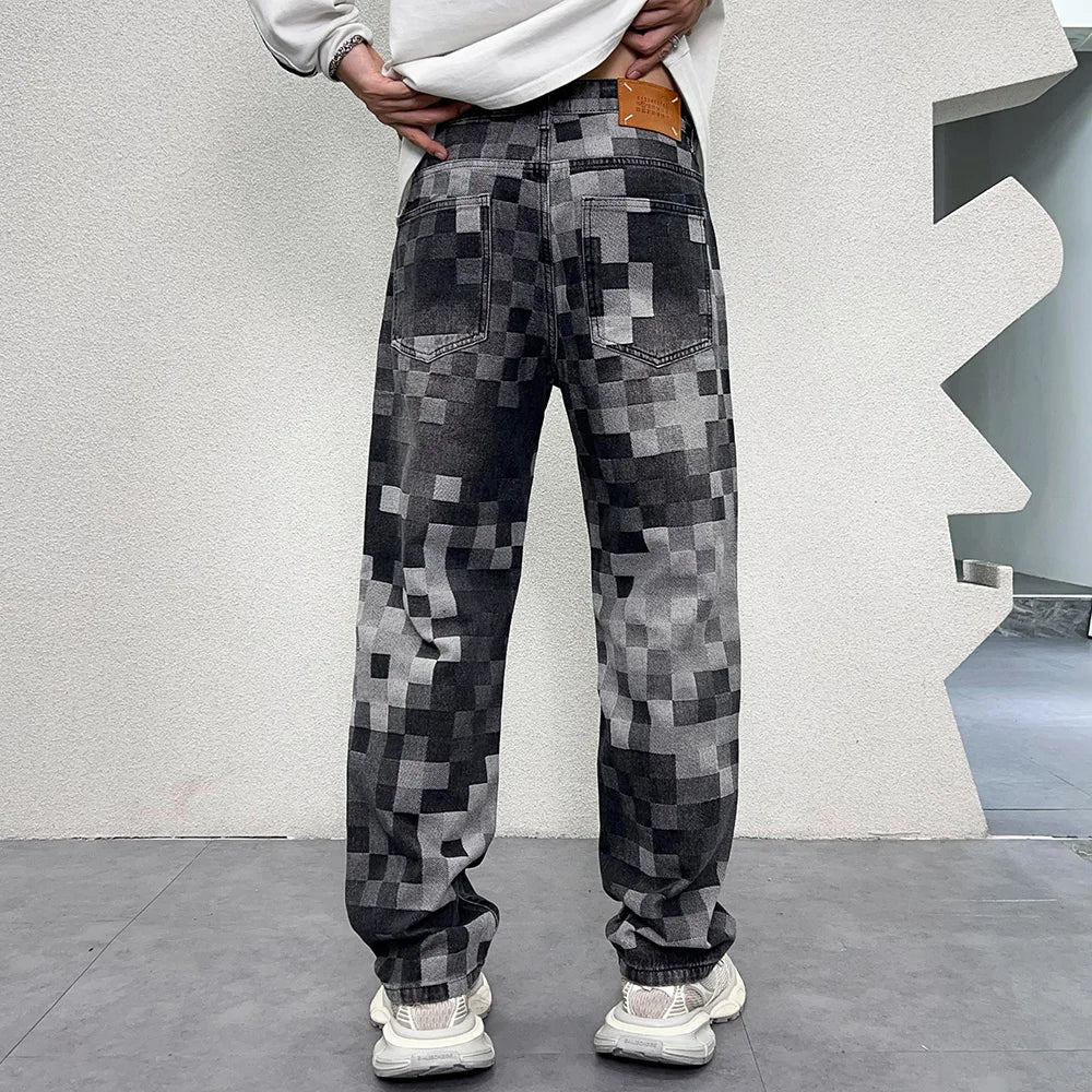 Check Jacquard Denim Loose Jeans