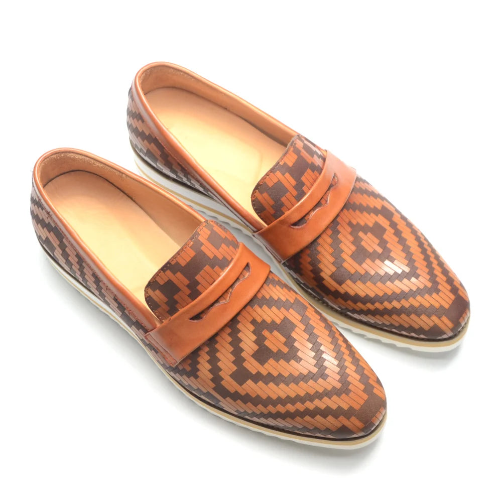Woven Geometric Genuine Leather Loafers