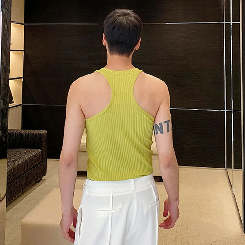 Solid Elastic Knitted O-Neck Tank Top