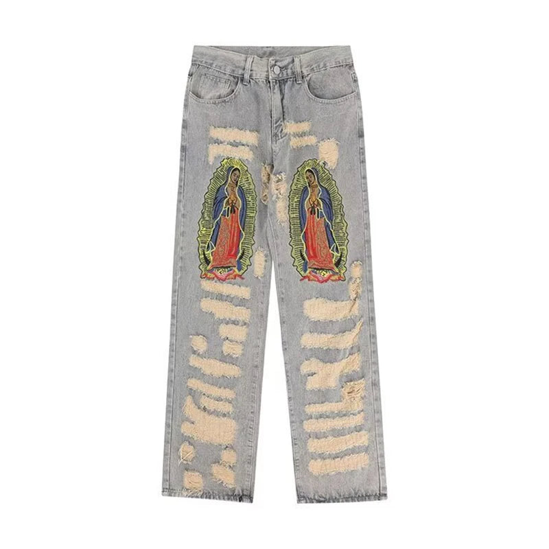 Embroidered Patchwork Ripped Loose Jeans