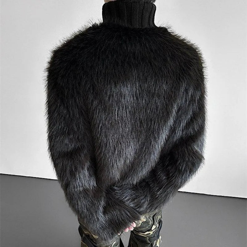 Turtleneck Spliced Fur Cable Knit Oversized Sweater
