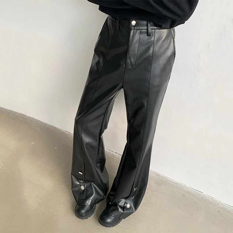 PU Leather Metal Rivet Solid Pants
