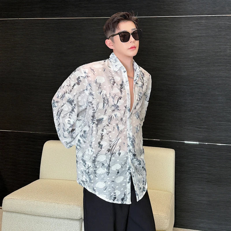 Abstract Painted See-Through Loose Shirt