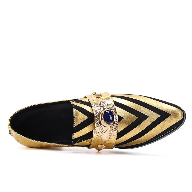 Luxurious Gold Leather with Rivets and Stripes Shoes