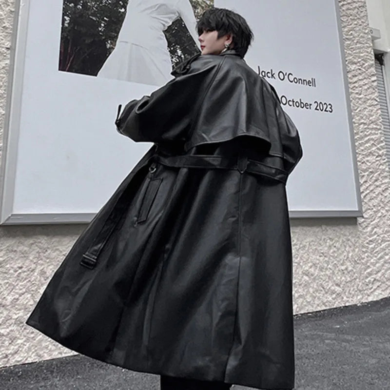 Double Breasted with Belt PU Leather Coat