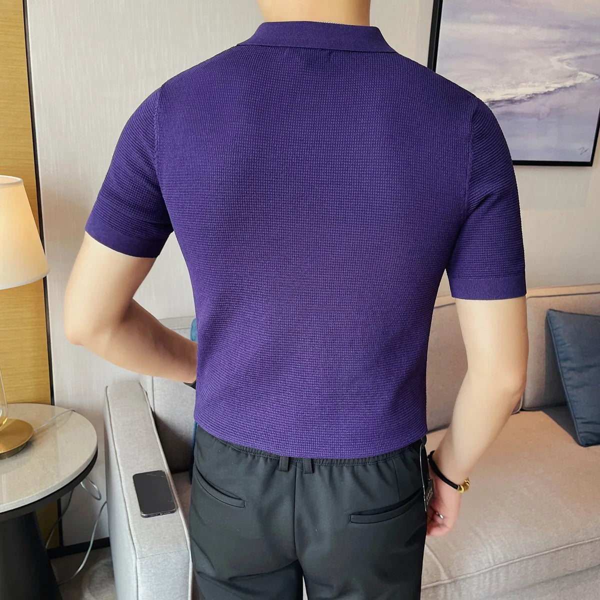 Solid V-neck Turn-Down Collar Knitted Polo Shirt