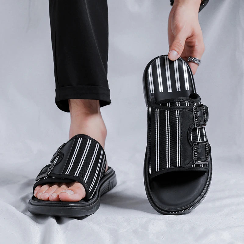 Black Stripes Pattern Canvas Slippers