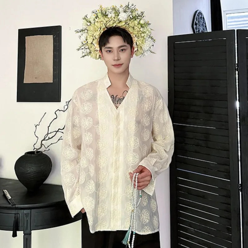 See Through Embroidery Flower Shirt
