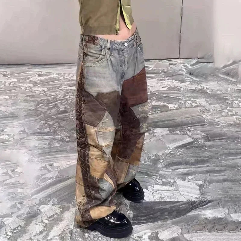 Casual Patchwork Style 3D Printed Jeans
