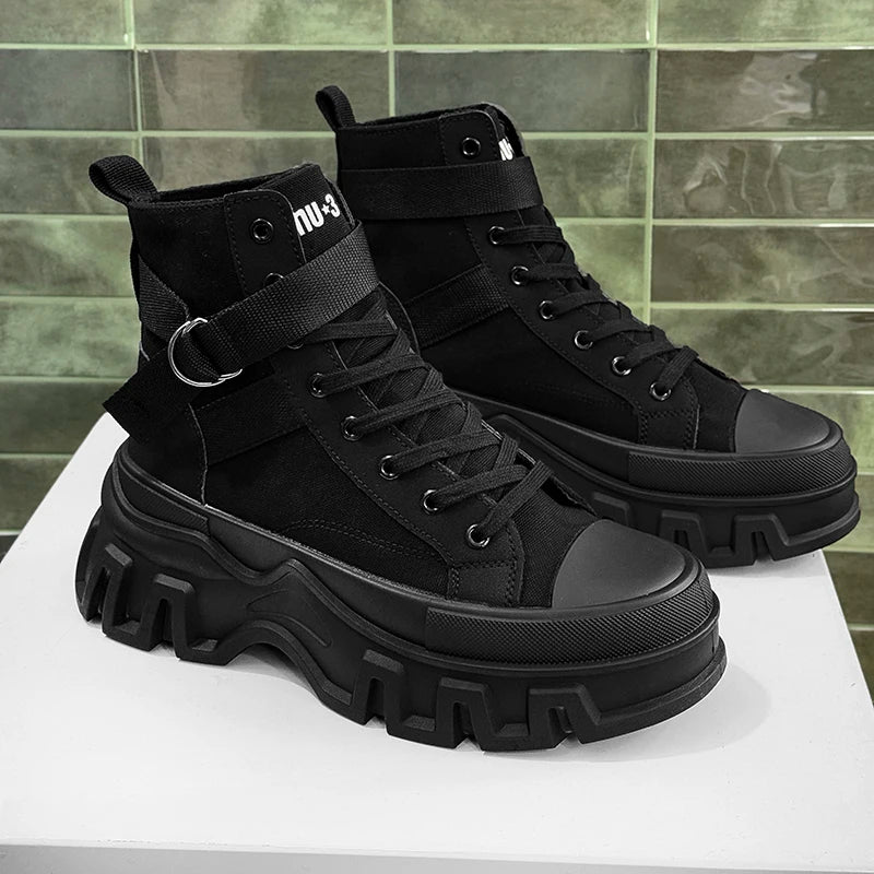 Platform Black Fabric Mid-Calf Boots