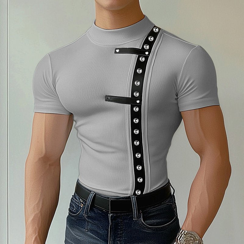 Spliced Metal Leather Buckle T-Shirt