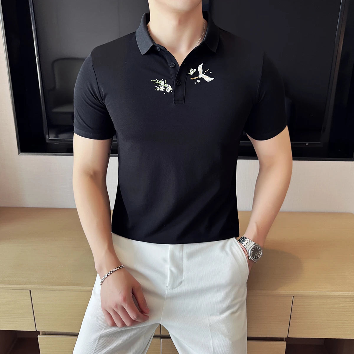 Bird & Flower Embroidered Polo Shirt