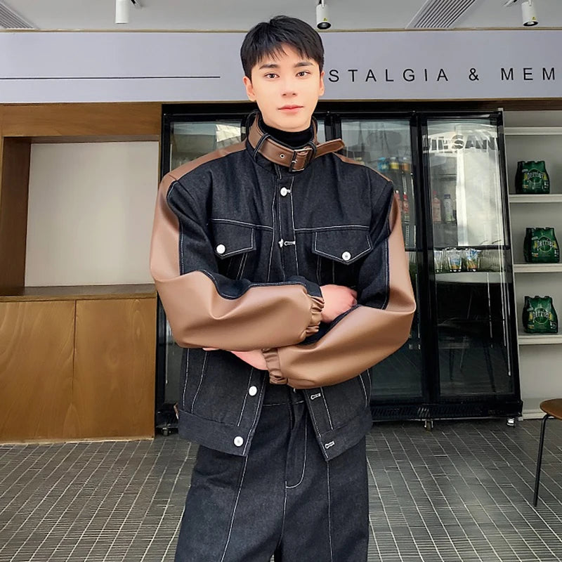 Thickened Denim PU Patchwork Pants Set