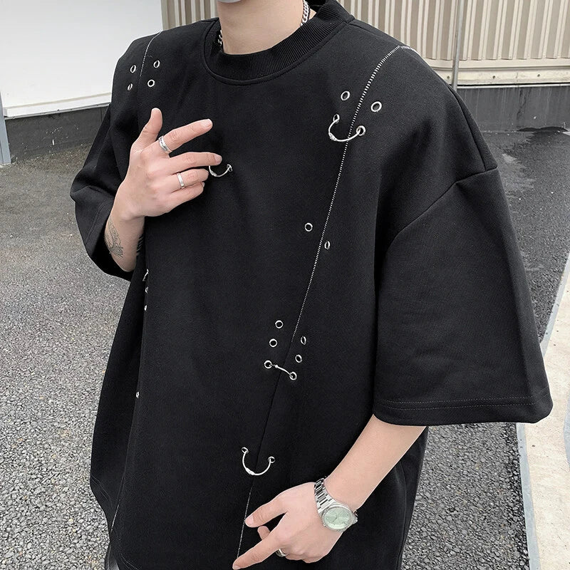 Round Neck Metal Rivets Decoration T-Shirt