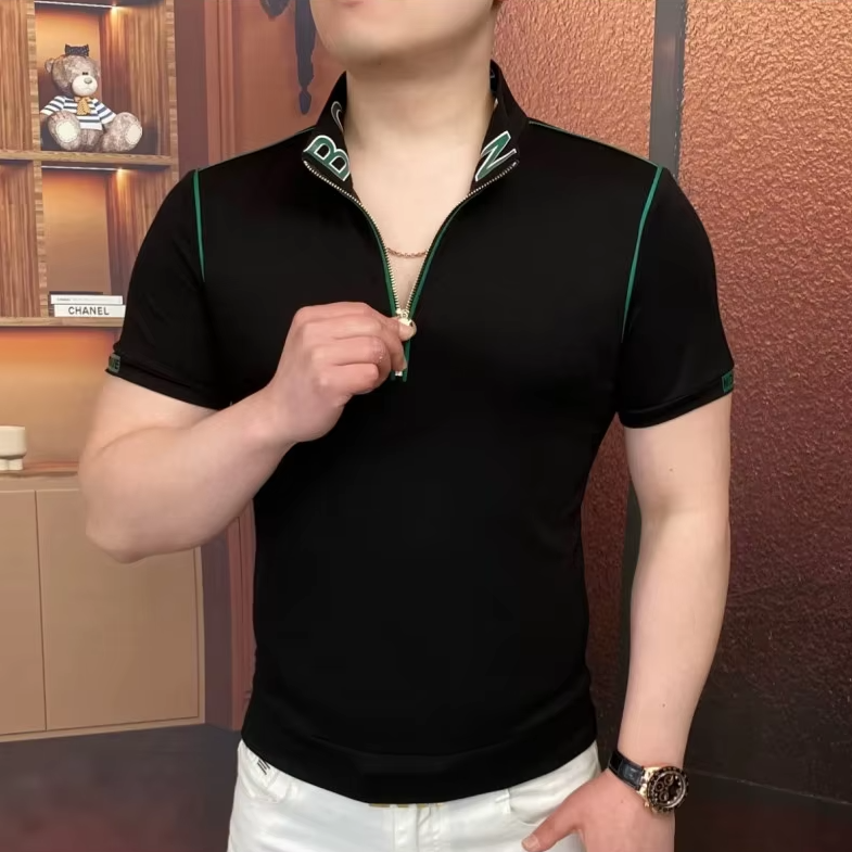 Black Collar Embroidered Zipper Polo Shirt