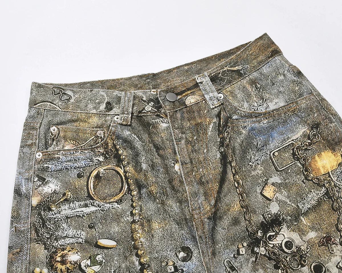 Jewelry Chain Print Patchwork Baggy Jeans