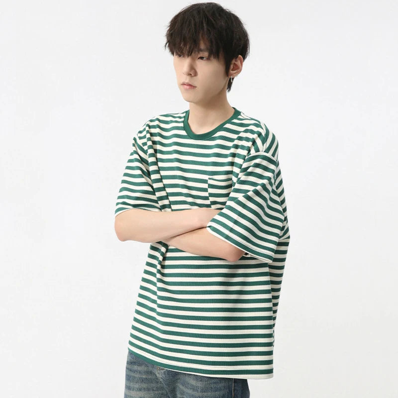 Stripes Pocket Design Loose T-Shirt
