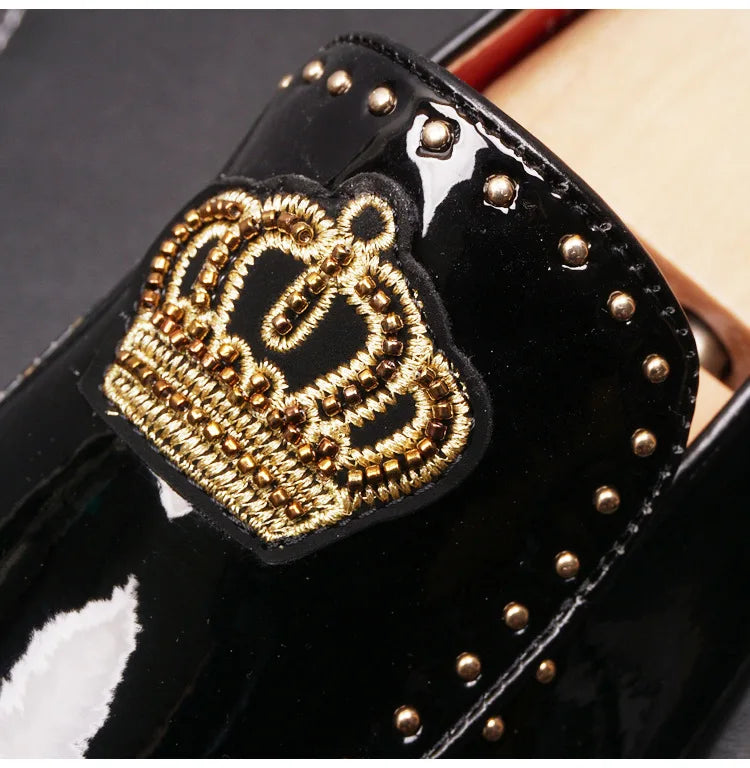 Crown Embroidery Black PU Loafers