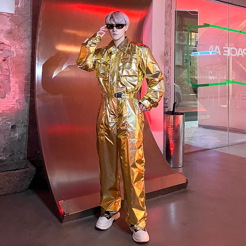 Metallic Color Shiny Loose Jumpsuit