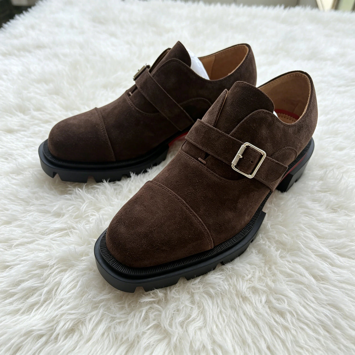 Dark Brown Suede Monk Strap Shoes