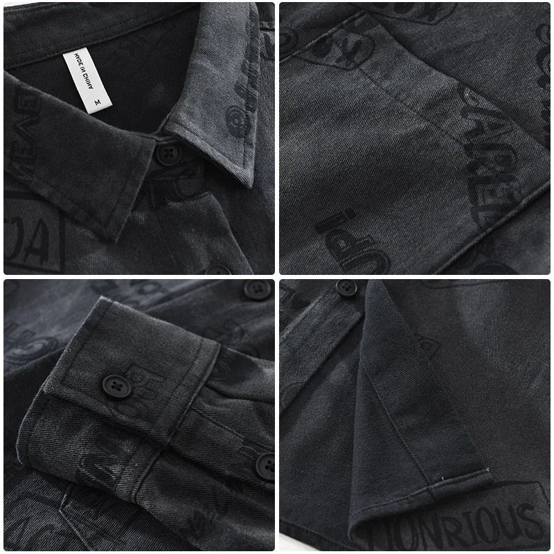 Black Washed Denim Letter Printed Shirt