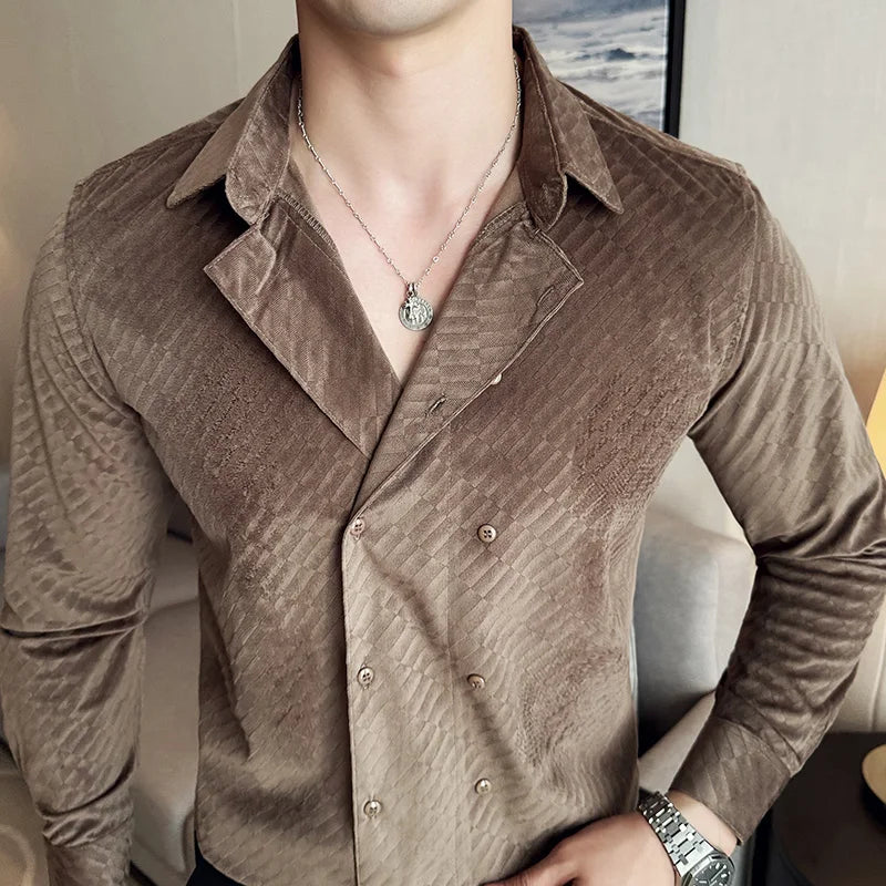 Solid Double Breasted Velvet Casual Shirt