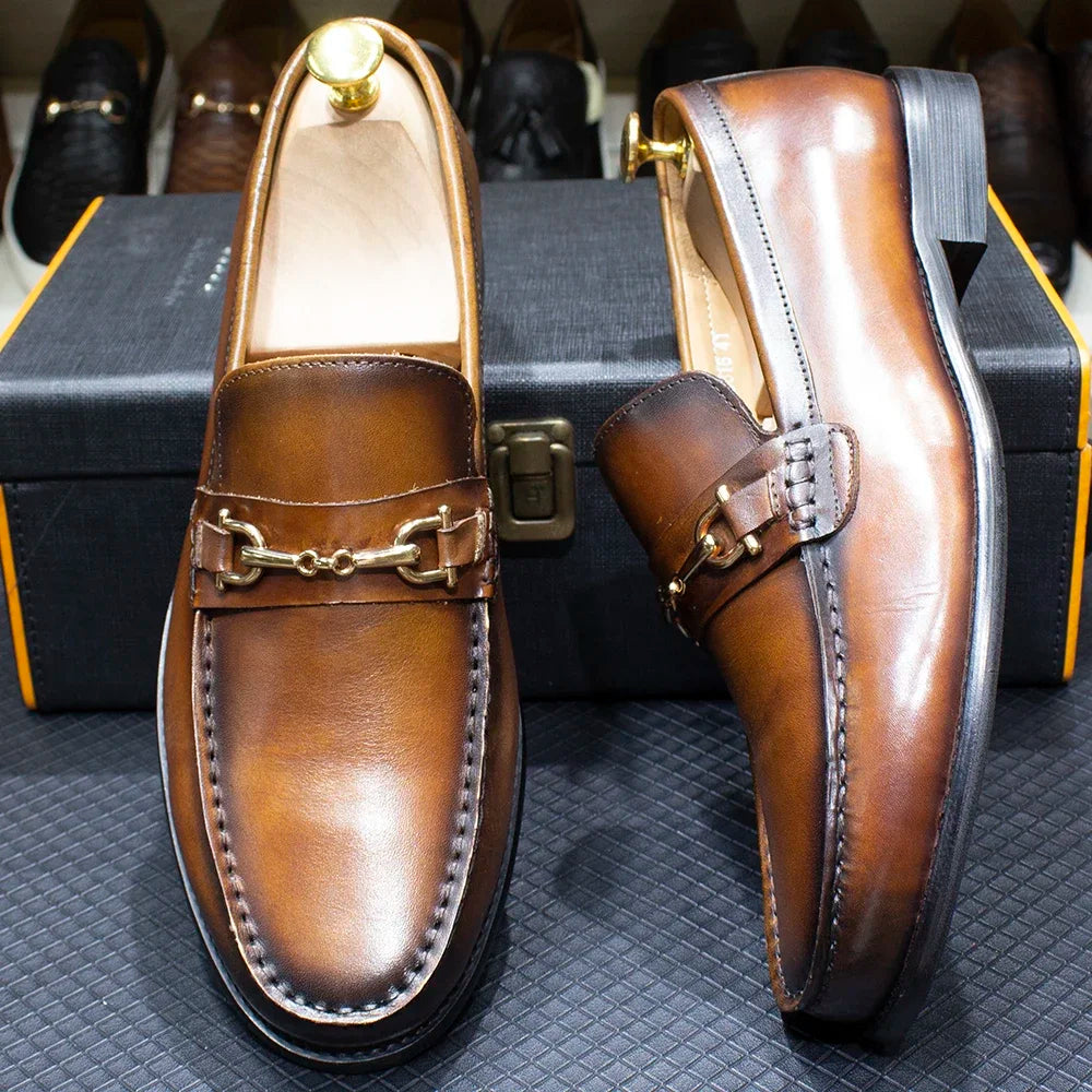 Metal Chain Round-Toe Leather Loafers