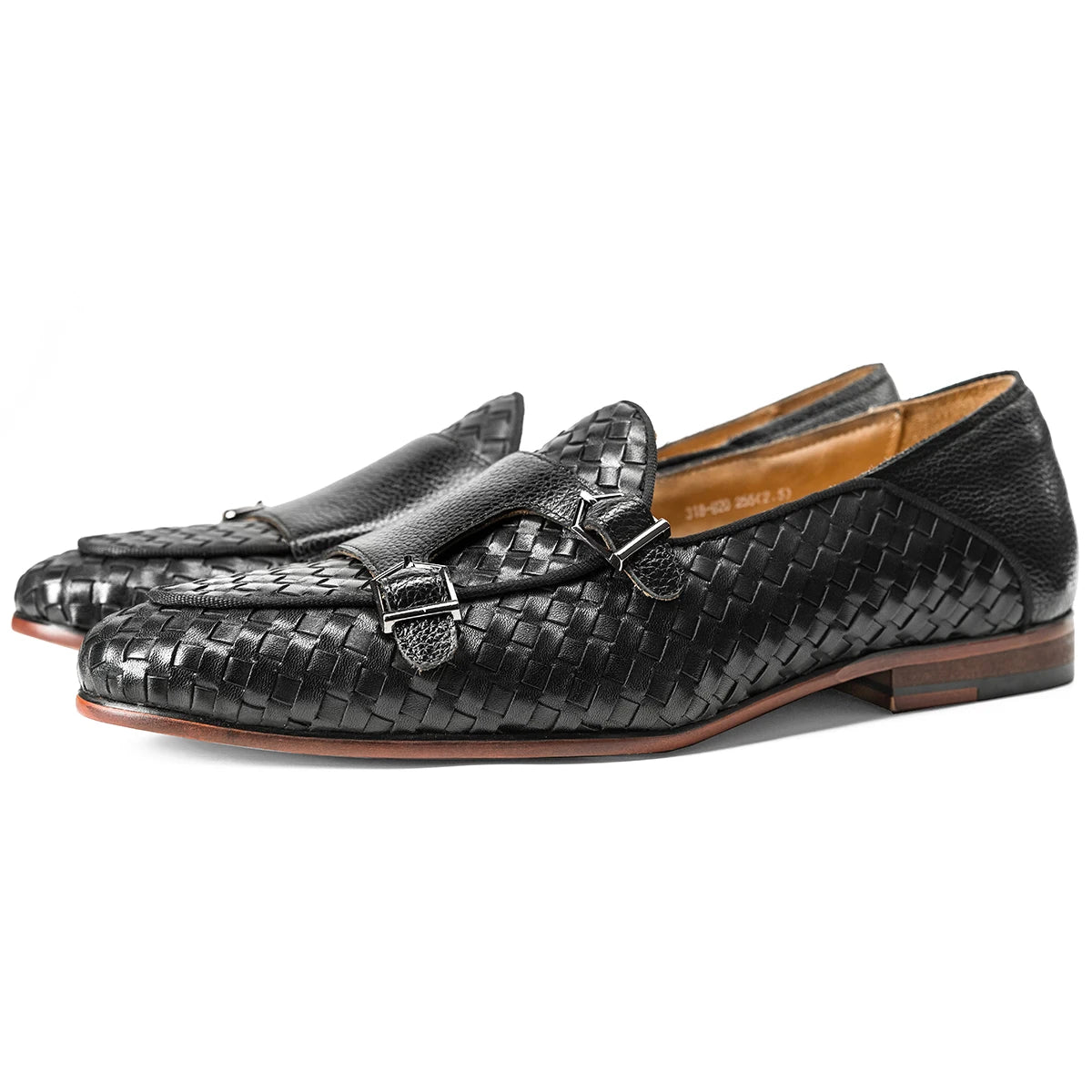 Black Woven Leather Monk Strap Shoes