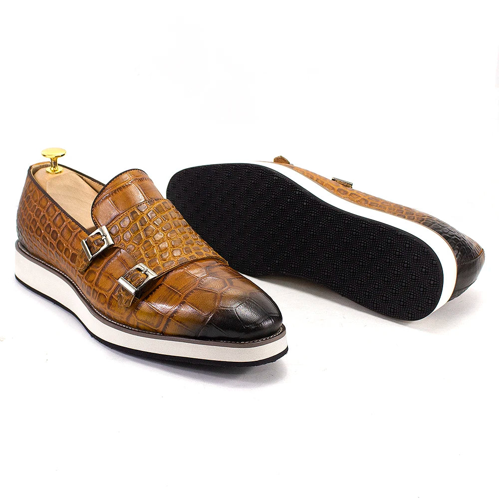 Crocodile Pattern Leather Double Monk Shoes