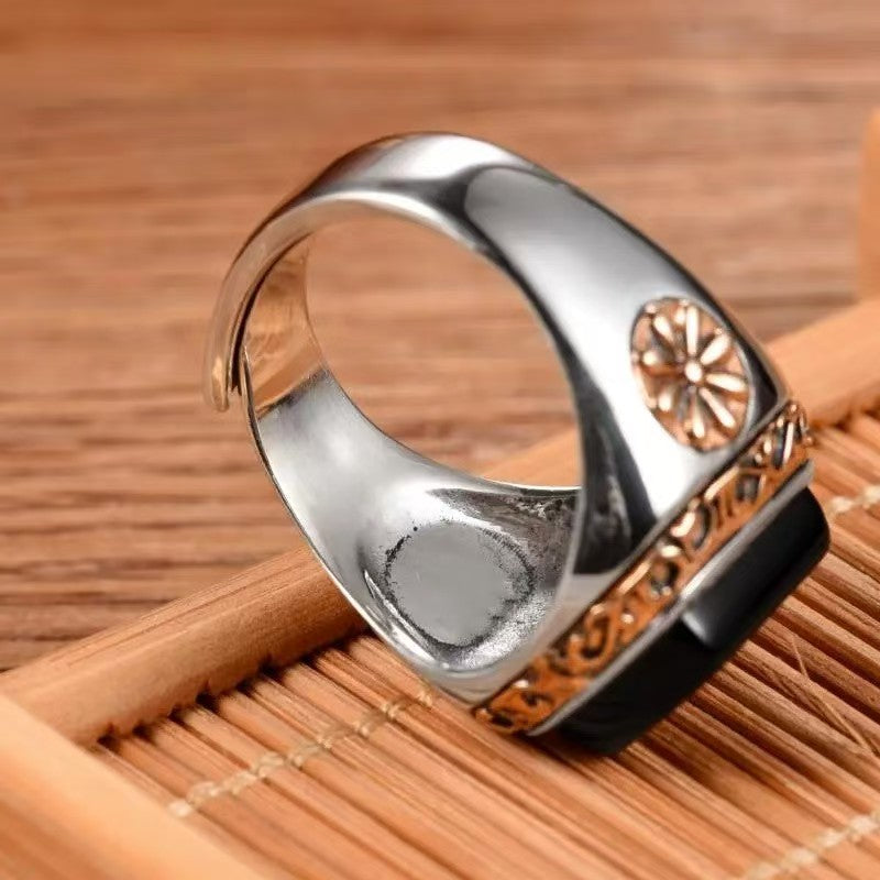 Silver Retro With Natural Black Onyx Stones Men Fashion Rings