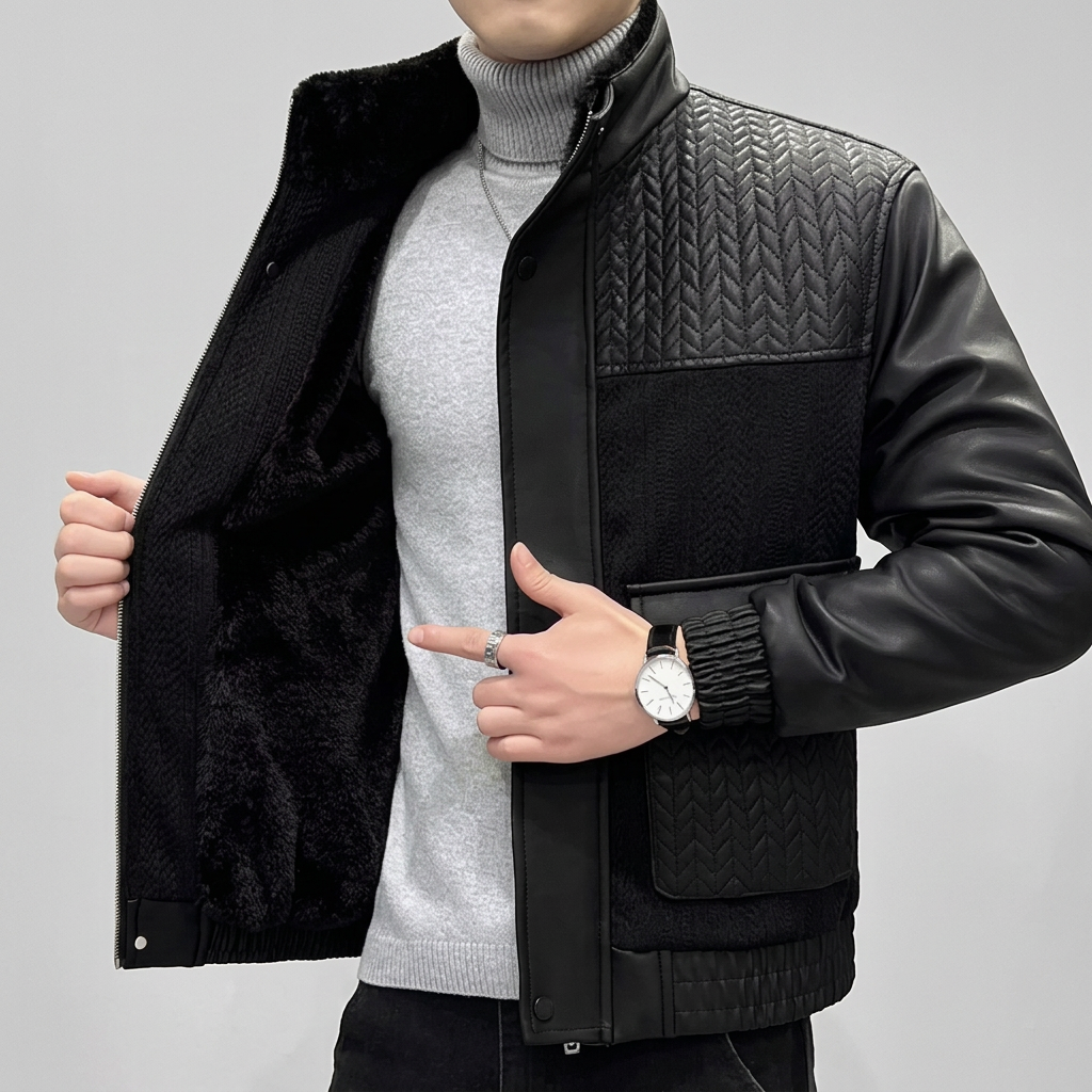 Woven Pattern Splicing Leather Casual Jacket