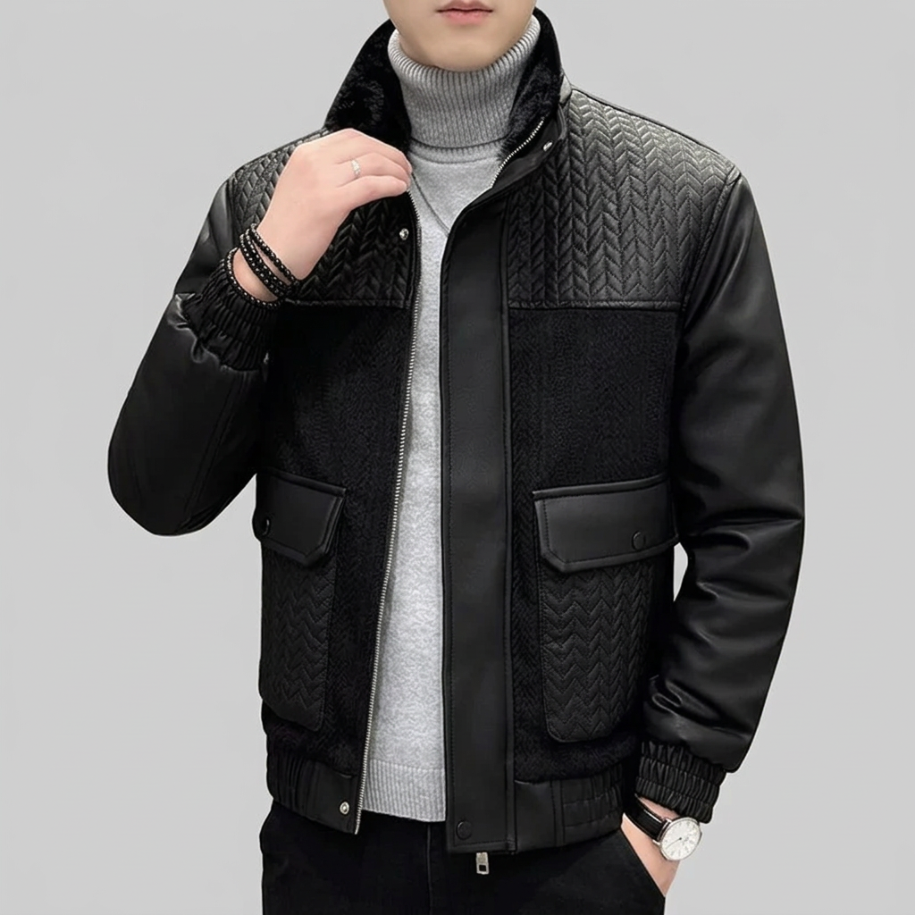 Woven Pattern Splicing Leather Casual Jacket