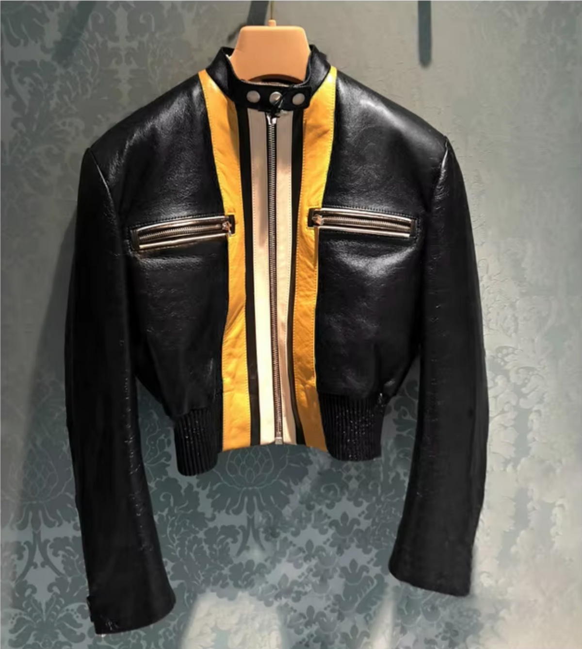 Stripe Patchwork Faux Leather Crop Jackets