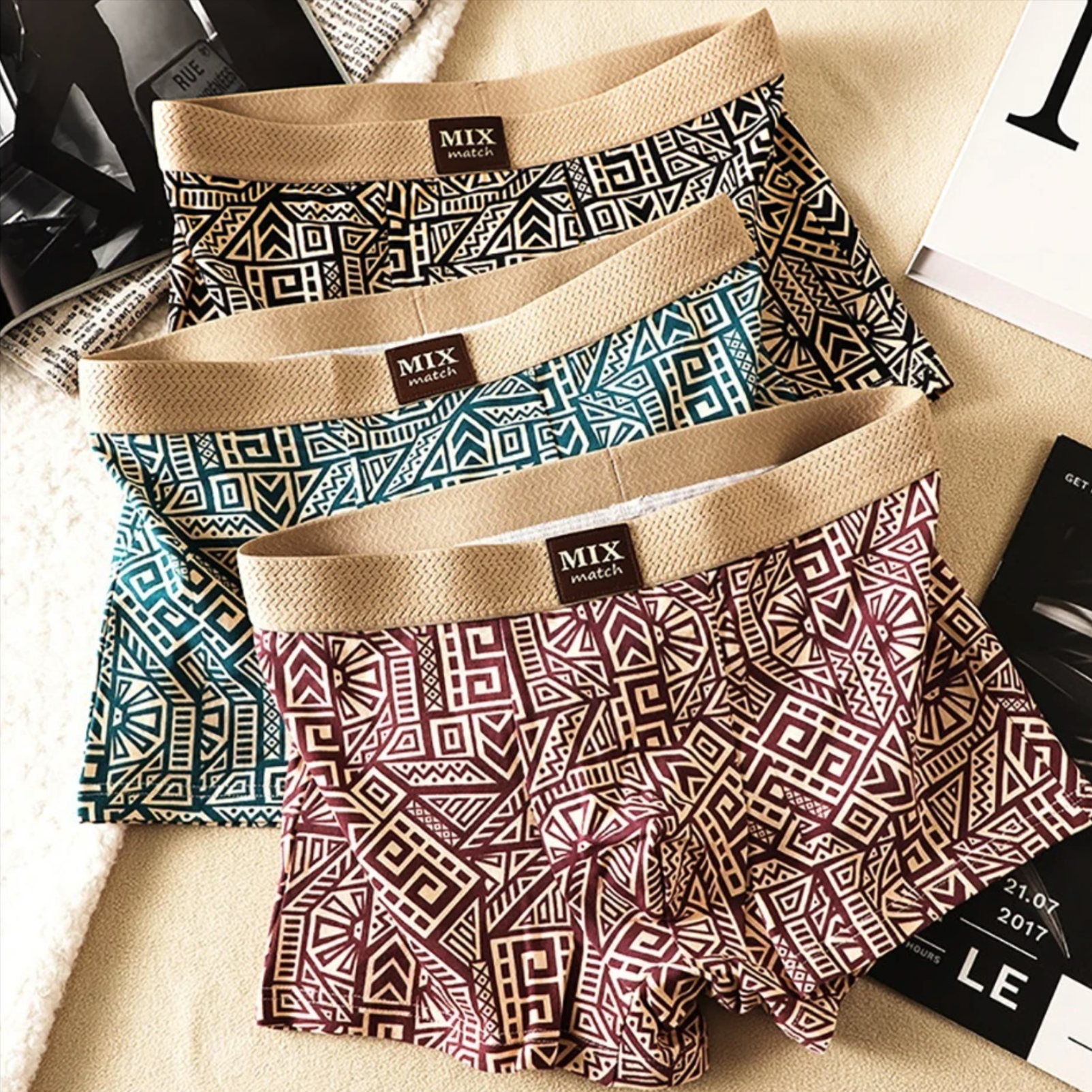 Geometric Printed Elastic-Waist Boxer Set