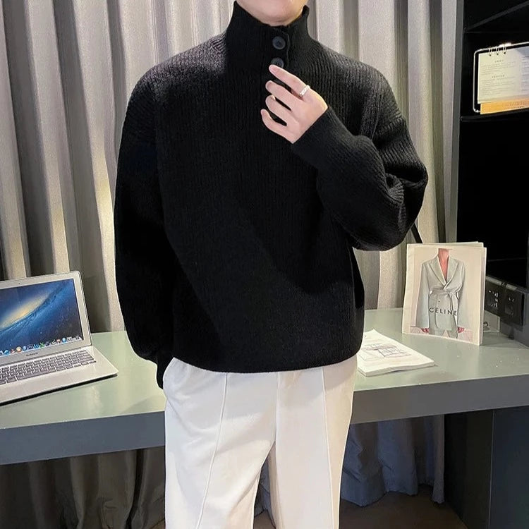 Solid Turtleneck Button Knitted Sweater