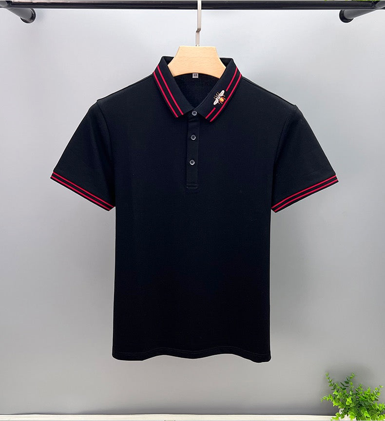 Striped Bee Embroidery Collar Polo Shirt