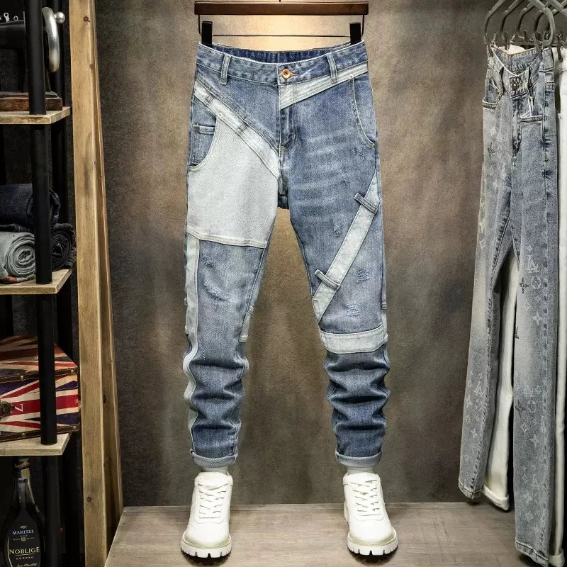 Patchwork Utility Strap Denim Jeans