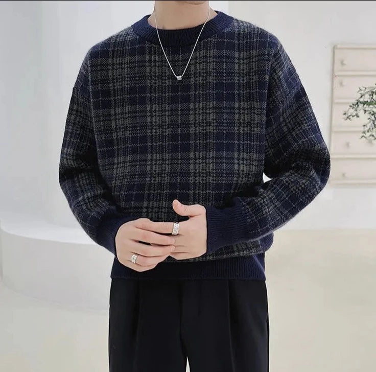 Knitted Round Neck Plaid Contrast Sweater