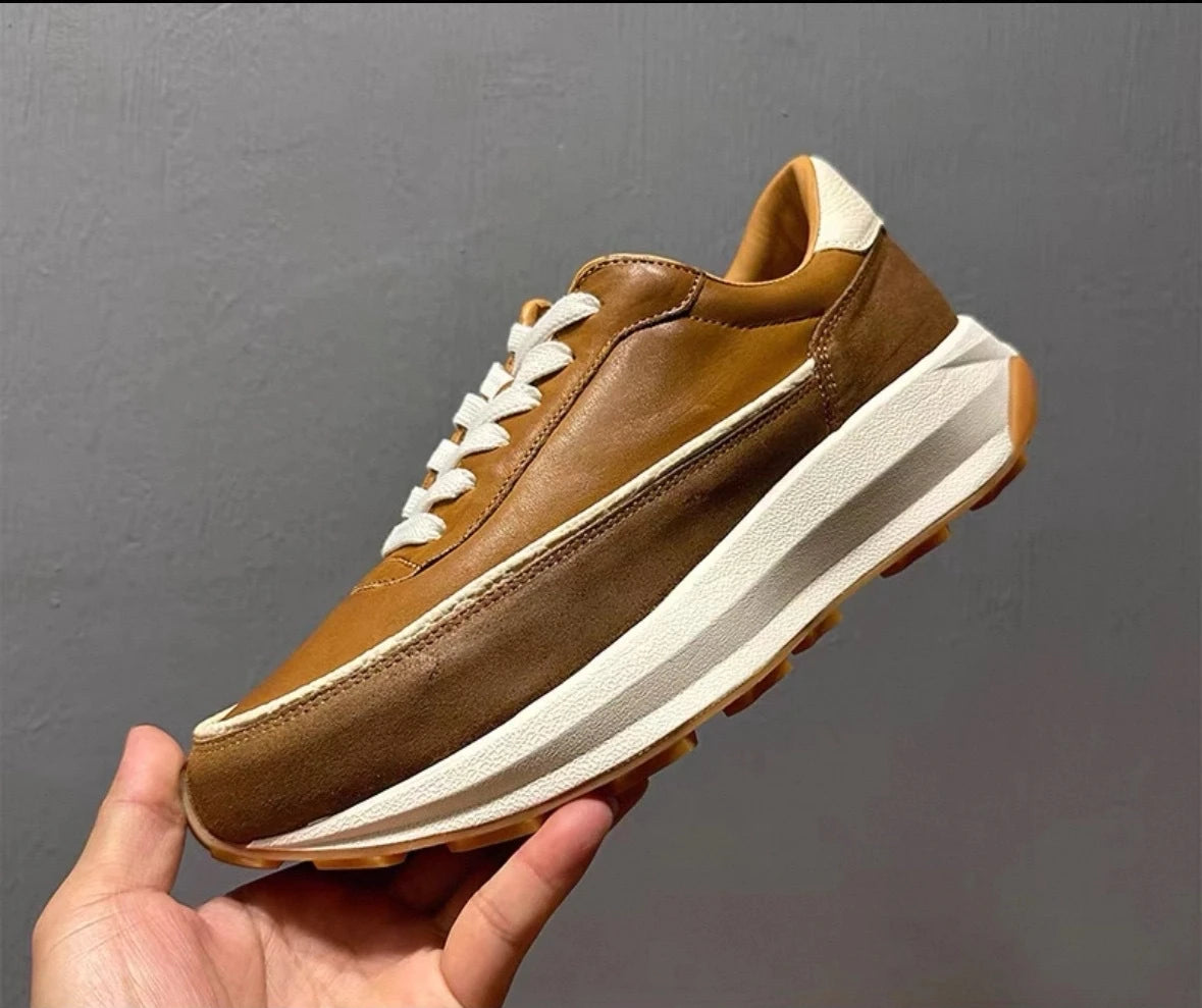 Brown Genuine Leather Chunky Sole Sneakers