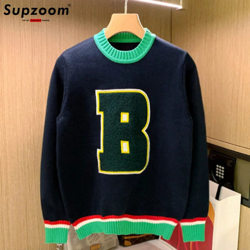 B Letter Embroidered Wool Sweater
