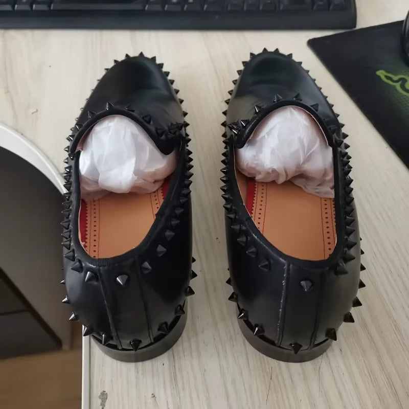 Black Genuine Leather Men Spiked Loafers