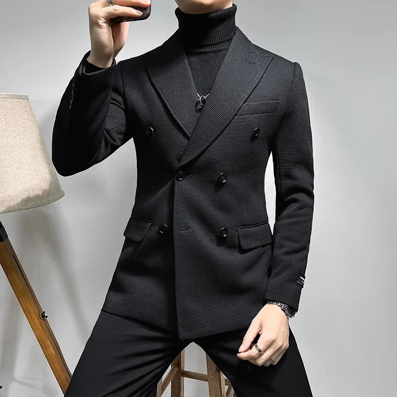 Solid Color Double Breasted Slim-Fit Blazer