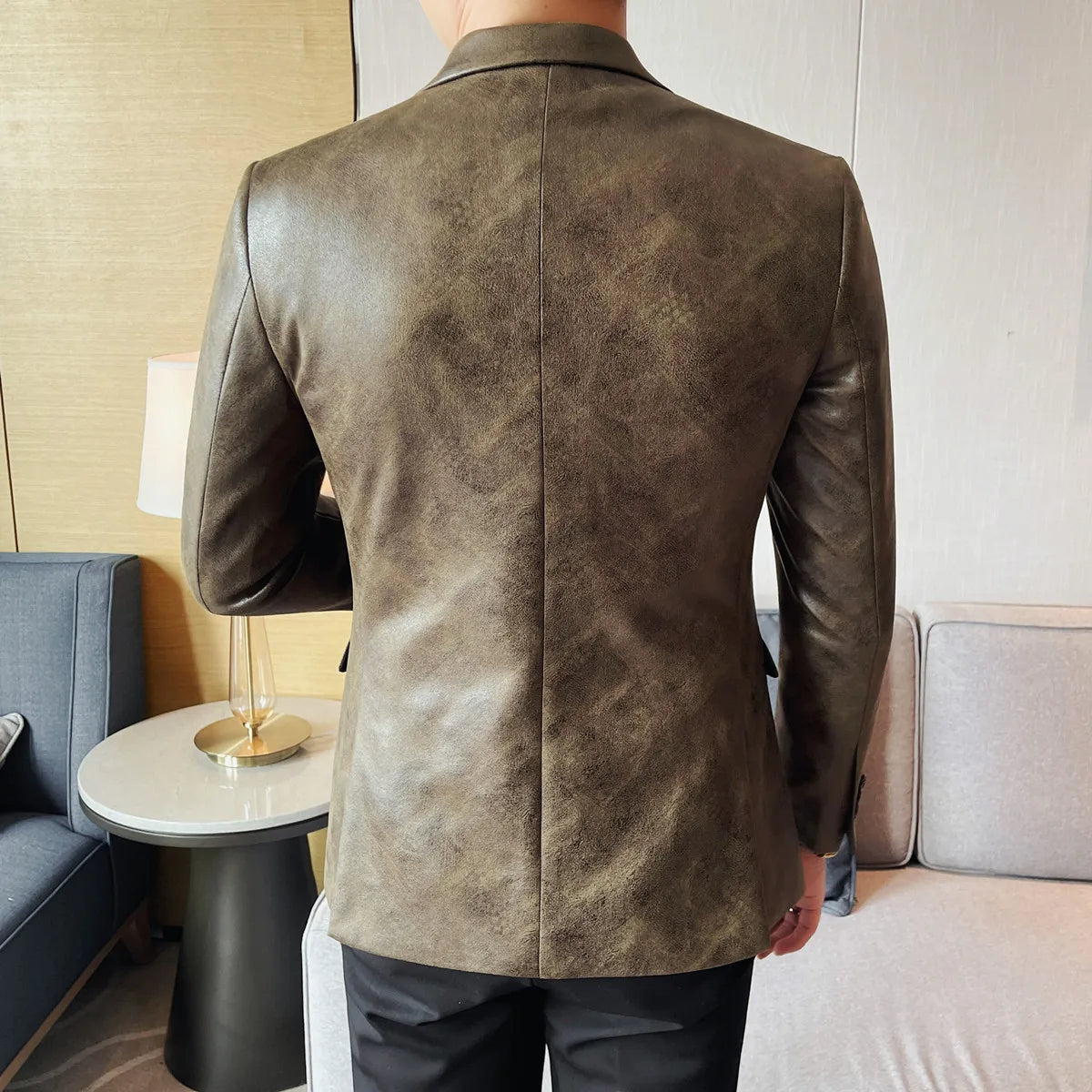 Retro Faux Leather Double Breasted Blazer