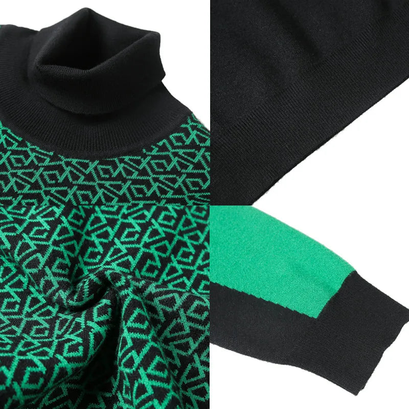 Green Black Geometric Turtleneck Sweater