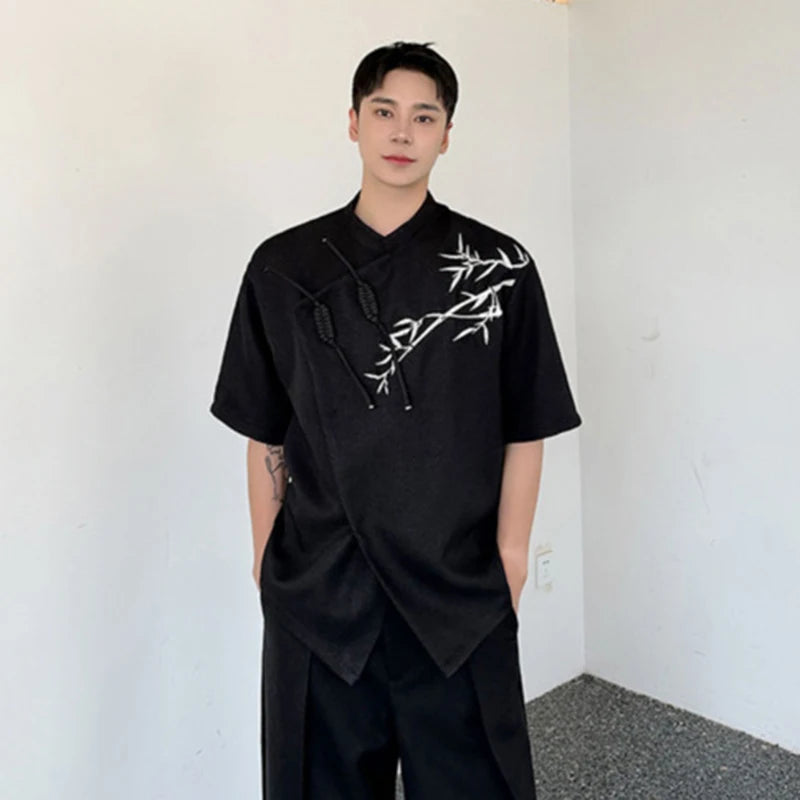 Embroidery Stand Collar Short Sleeve Shirt