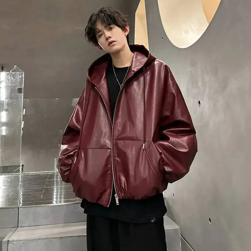 PU Leather Hooded Drawstring Jacket