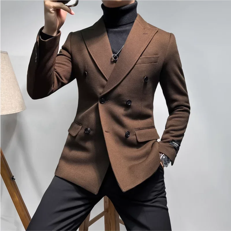 Solid Color Double Breasted Slim-Fit Blazer