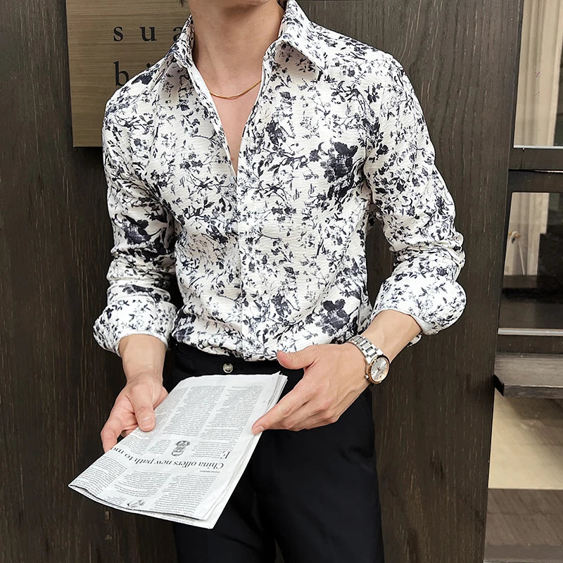 White Printed Long Sleeve Men Shirt